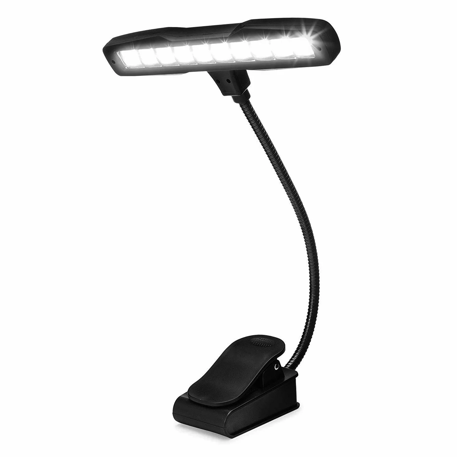 Infitronic LED Notenpultleuchte mit Clip – 10 LEDs, Tageslichtweiß 6500K, über 1000 Lux – 2 Helligkeitsstufen, Dual-Power (Batterie & Netzteil) – Inkl. EU-Netzteil & Tasche – Schwarz