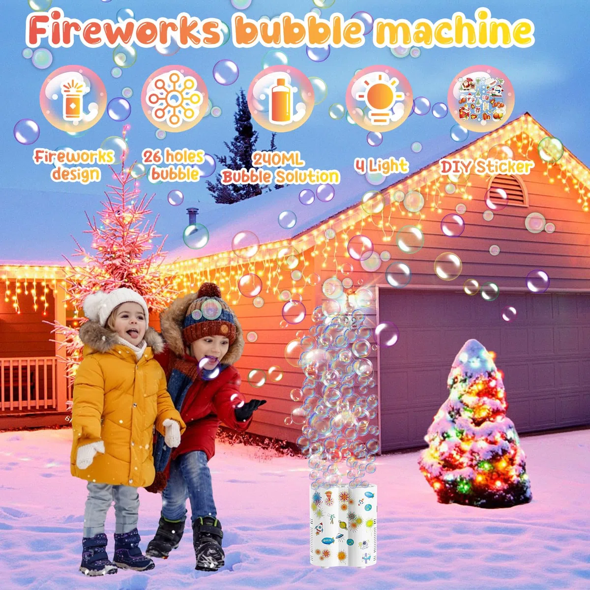 PANACARE Feuerwerksblasenmaschine, Automatische Seifenblasenmaschine mit 240ml Seifenblasenlösung/Licht, Kinder Geburtstag Geschenk für Weihnachten/Party (559A-White)