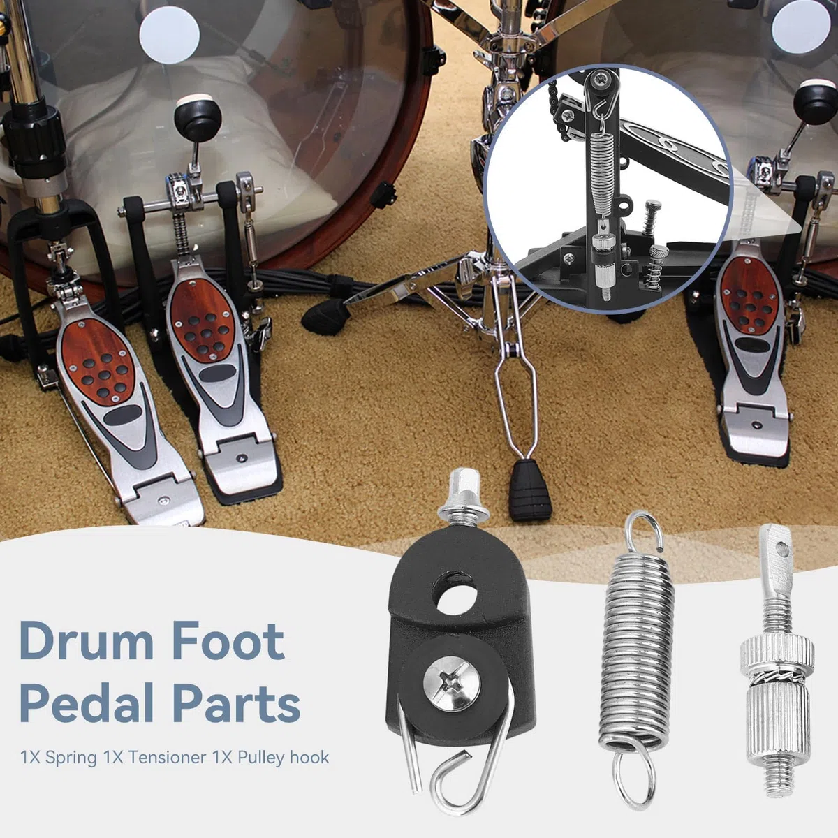 Bass Drum Pedal Feder, Bass Drum Fußpedal Feder Nocken Spanner Drum Set Ersatzteile Percussion Instrument Kick Drum Pedal Fußpedal Feder Nocken Riemenscheibe Haken Spanner Cam Assembly Trommelteile