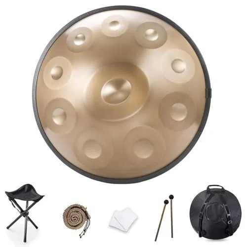 22 Zoll Handpan Trommel Professioneller Edelstahl，9/10/12 Noten D-Moll，440Hz Stimmung，Tasche Ständer & Schlägel，Performance Meditation Yoga(Gold,9)