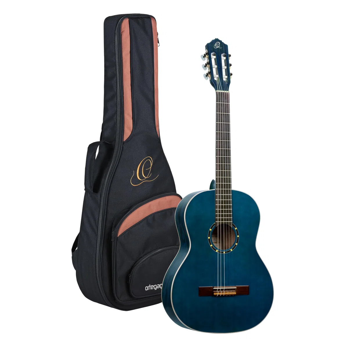 Ortega Guitars 4/4 Konzert Gitarre – Slim Neck – Family Series – Inklusive Gig Bag – Fichte, Mahagoni, Blau (R121SNOC)