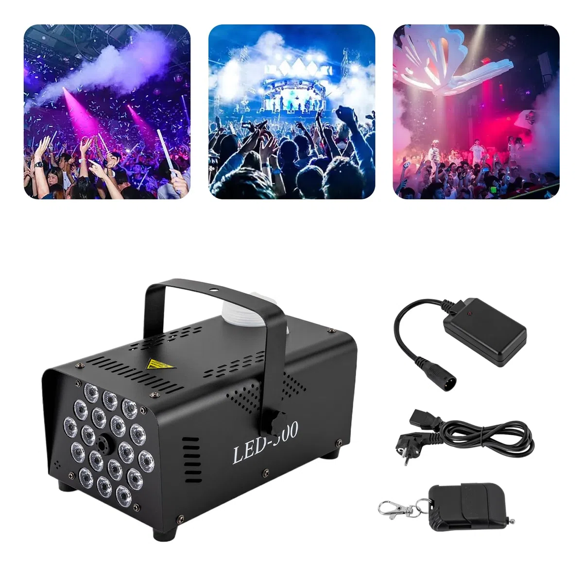 Nebelmaschine Mini Disco Rauchmaschinen mit 18 LED RGB Party Lichtern, 500W und 2500CFM mit 2 Funkfernbedienungen für DJ Bar Weihnachten Halloween Show Club Karaoke Zubehör