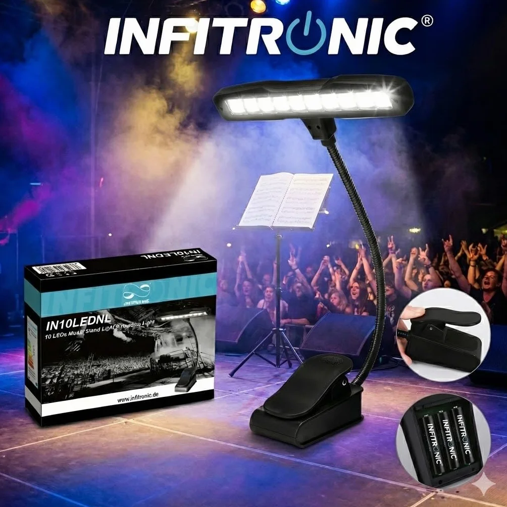 Infitronic LED Notenpultleuchte mit Clip – 10 LEDs, Tageslichtweiß 6500K, über 1000 Lux – 2 Helligkeitsstufen, Dual-Power (Batterie & Netzteil) – Inkl. EU-Netzteil & Tasche – Schwarz