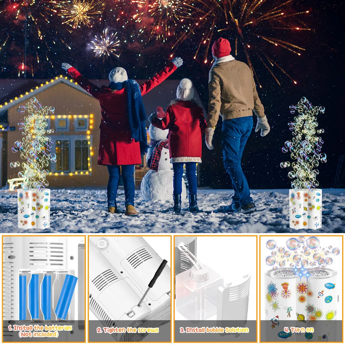 PANACARE Feuerwerksblasenmaschine, Automatische Seifenblasenmaschine mit 240ml Seifenblasenlösung/Licht, Kinder Geburtstag Geschenk für Weihnachten/Party (559A-White)