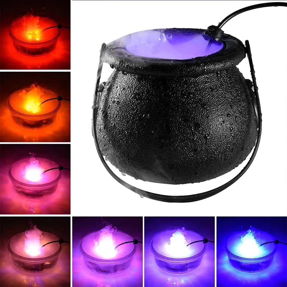 Halloween Mist Maker Fogger, Hexenkesselkessel mit Griff, 7 LED-Leuchten Nebelmaschine Zerstäuber Mini Mister Punch Bowl Kunststoffkesseltopf Party,