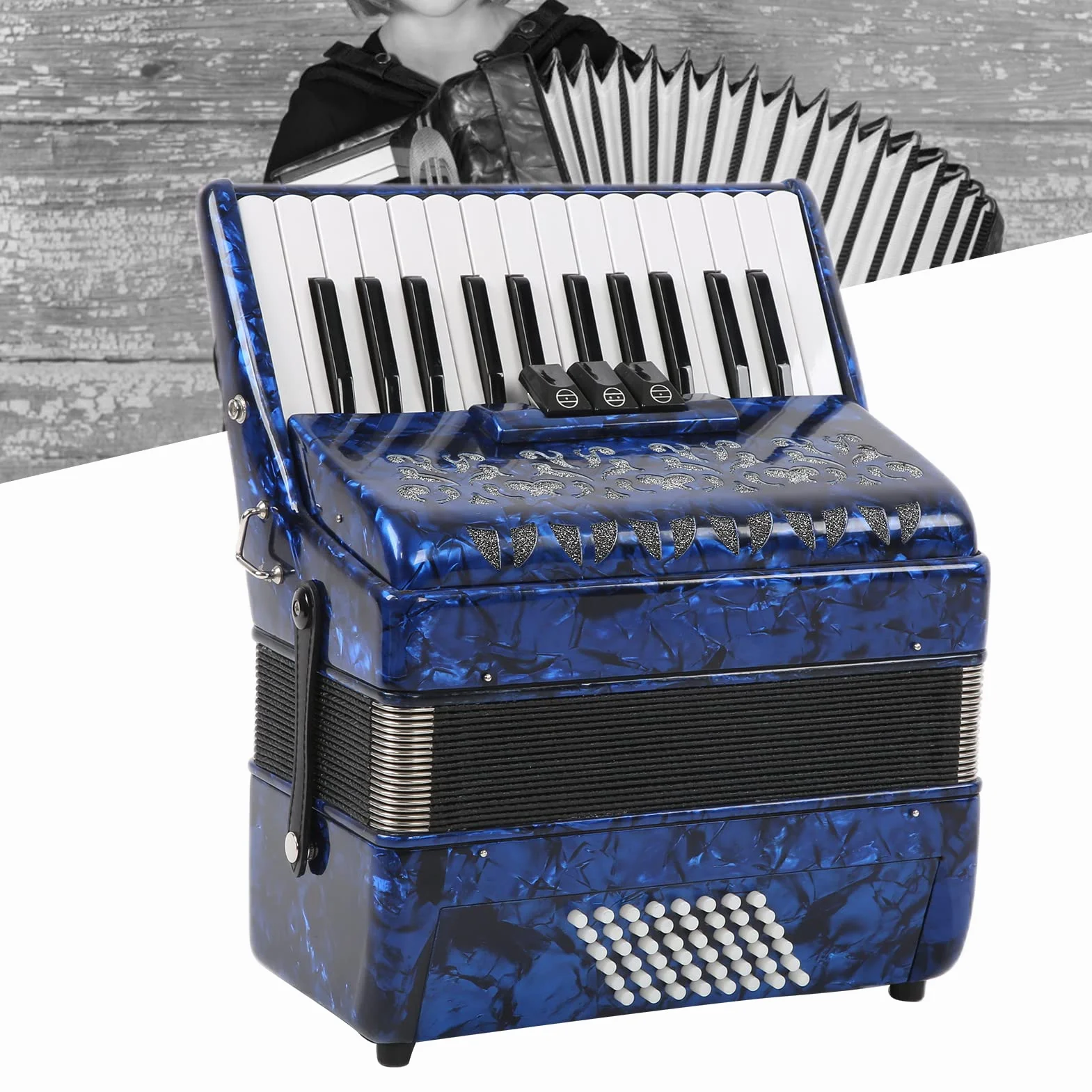Akkordeon, 26 Tasten, 48 Bässe, Professionelles Zelluloid-Akkordeon mit Verstellbaren Riemen, Klaviertastatur-Akkordeon-Musikinstrument für Bühnenauftritte (Marineblau)