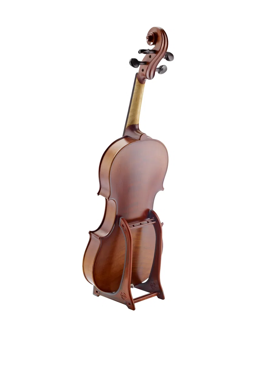K&M 15550 Displayständer für Violine, Ukulele, Bratsche - Holz-Optik - Dreifachverstrebung - Haltebügel mit Gummimantel