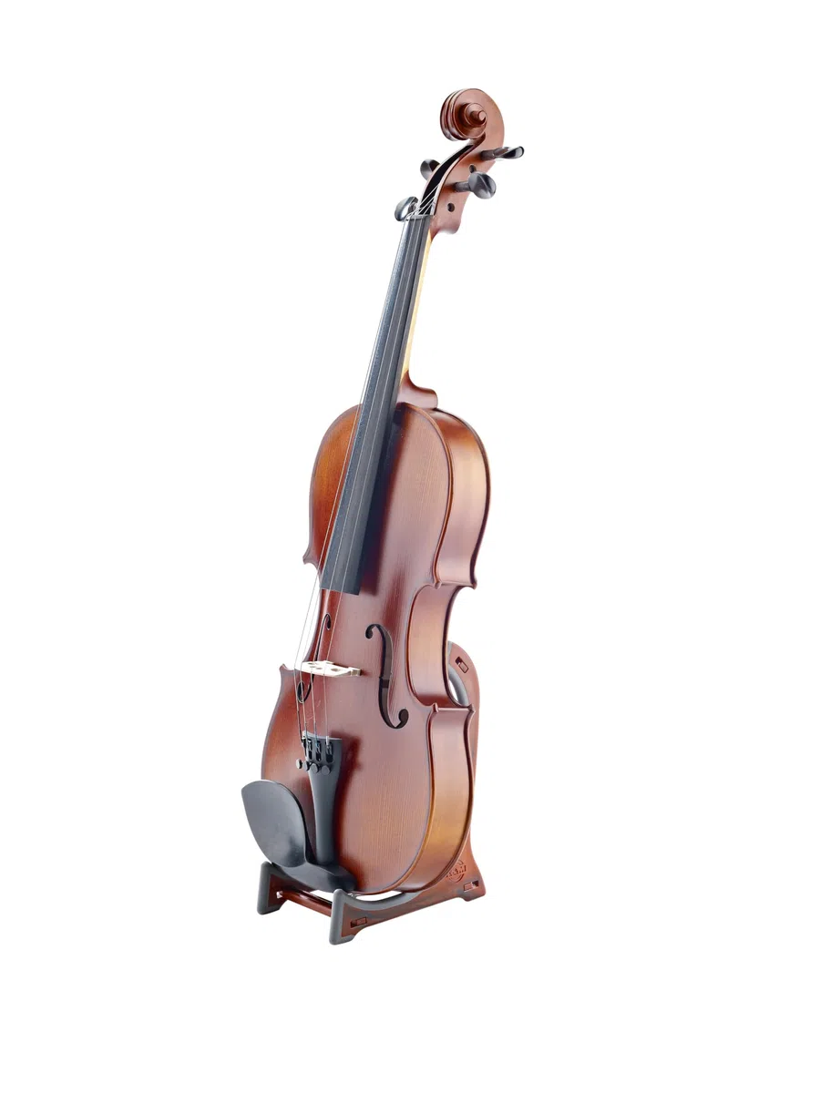 K&M 15550 Displayständer für Violine, Ukulele, Bratsche - Holz-Optik - Dreifachverstrebung - Haltebügel mit Gummimantel
