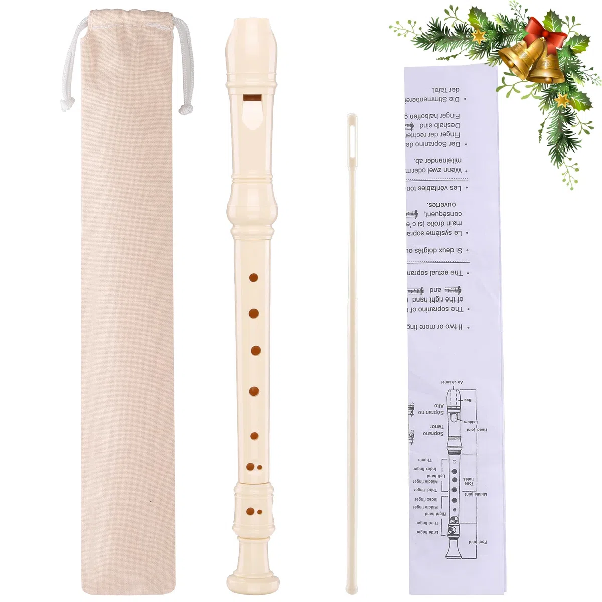 Flöte für Anfänger, 8-Loch-Flöte, Deutsche Griffsatz-Blockflöte, Inklusive Umverpackung, Flöten-Reinigungsstift und Bedienungsanleitung, Weiß