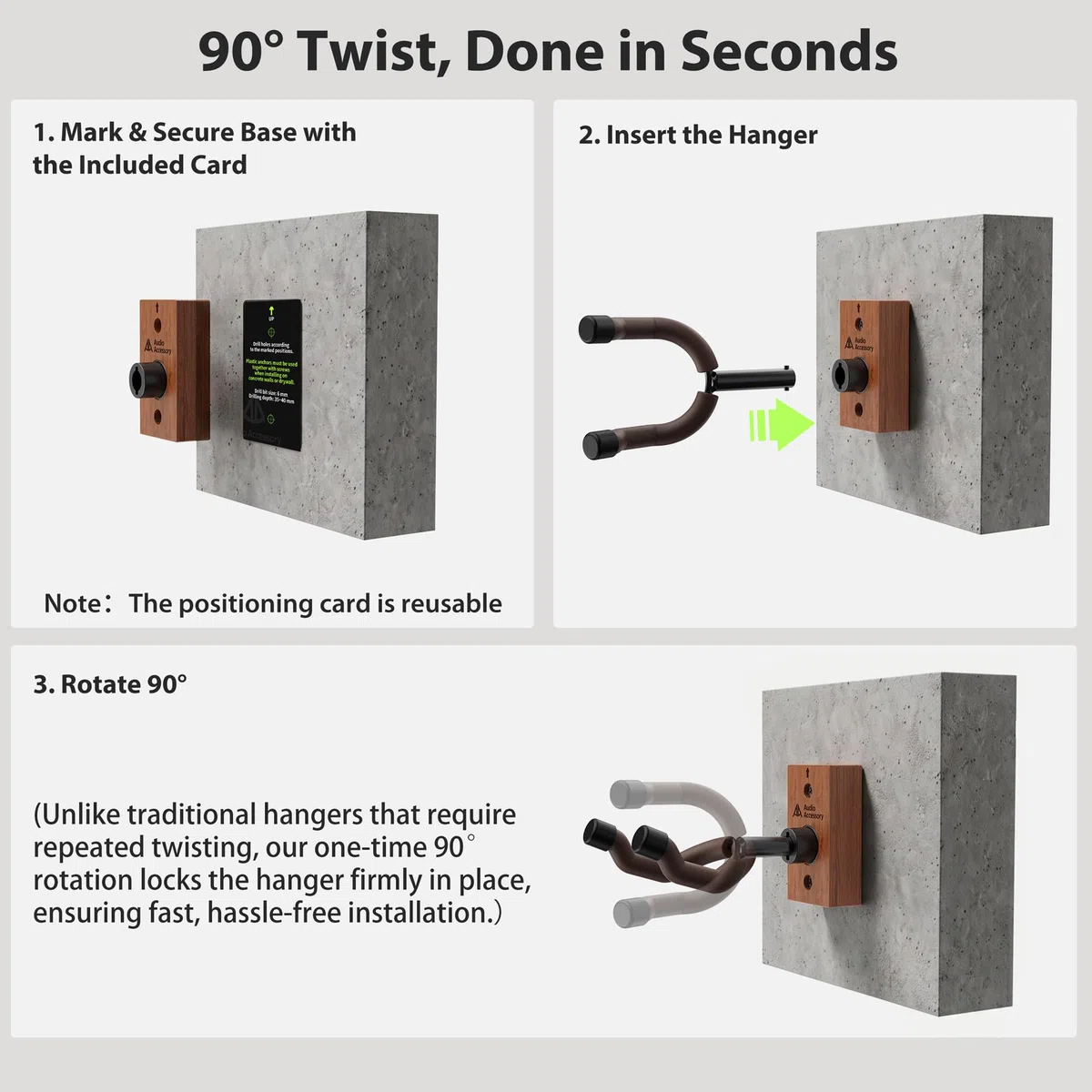 AA AUDIO ACCESSORY Gitarrenhalter für die Wand Nitro-sichere weich gepolsterte mit automatisch verstellbarem Winkel, U-förmige Holz Gitarren Wandhalterung für E-Gitarre Bass Mandoline Banjo Ukulele
