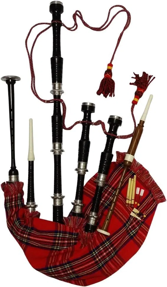 Schottischer Dudelsack in voller Größe, silberfarben, einfarbige Halterungen, schwarzes Finish, Highland-Dudelsack mit Zubehör (Schwarz, Royal Stewart)