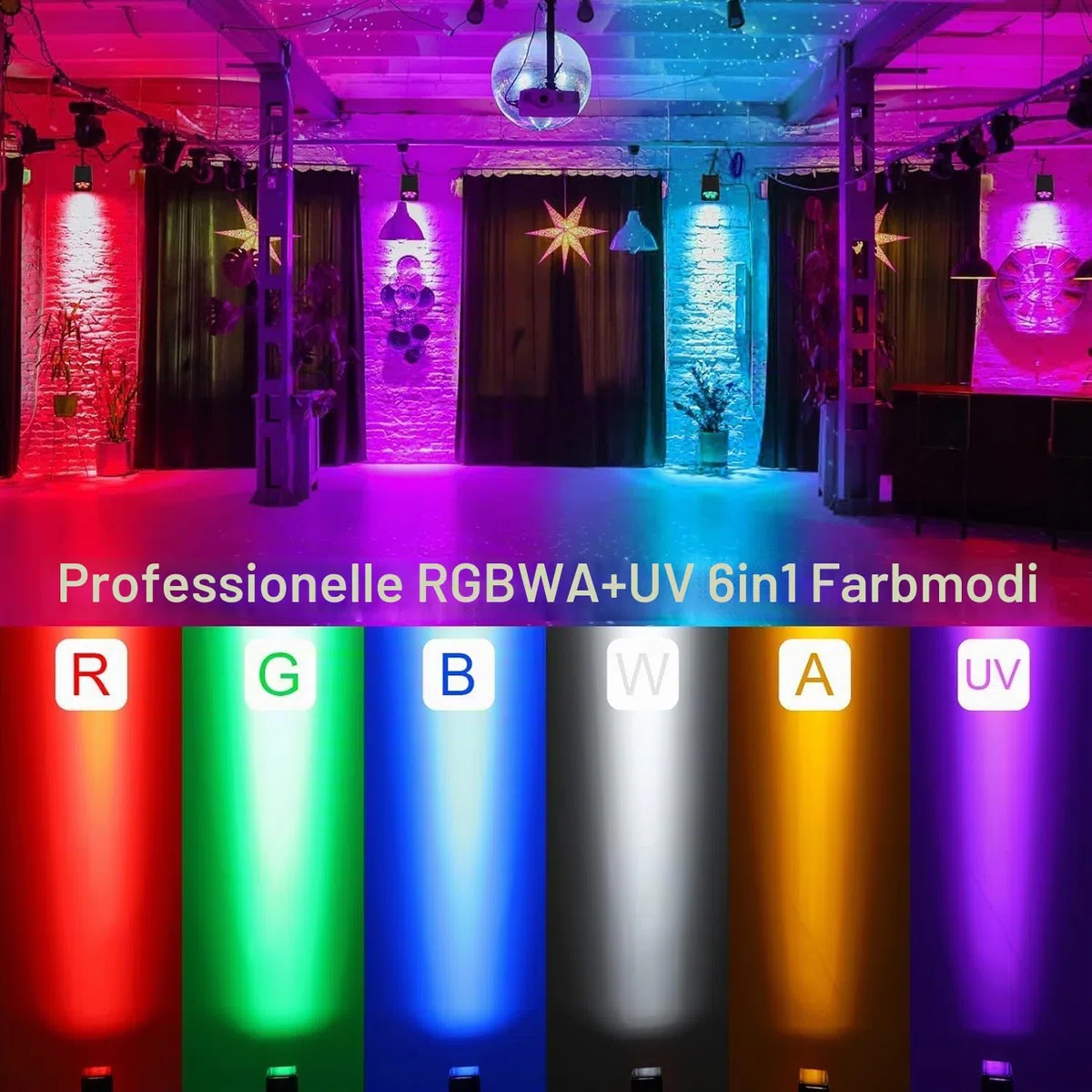 LED Par Akku, 4 Stück 108W 6 in 1 RGBWA+UV Bühnenlicht mit 9600mAh, Lichtpaket, APP Kontrolle, LED Strahler Akku mit DMX und Fernbedienung für Party, Bar, Halloween, Weihnachten