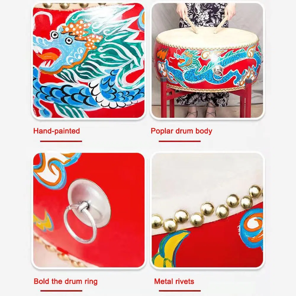 Chinesische Rote Trommel Mit Drachen- Und Phoenix -Muster, Einschließlich Stöcken Und Ständer, Geeignet Für Festivalaufführungen,40CM