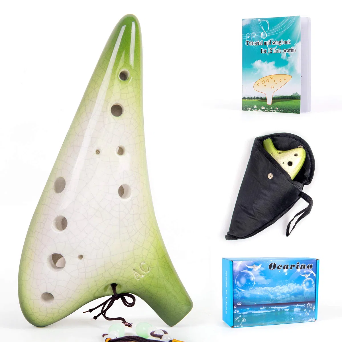 Okarina Horse Ocarina 12 Löcher Alt C Keramik mit Tragetasche Notenbuch Gurt (Rissgrün)
