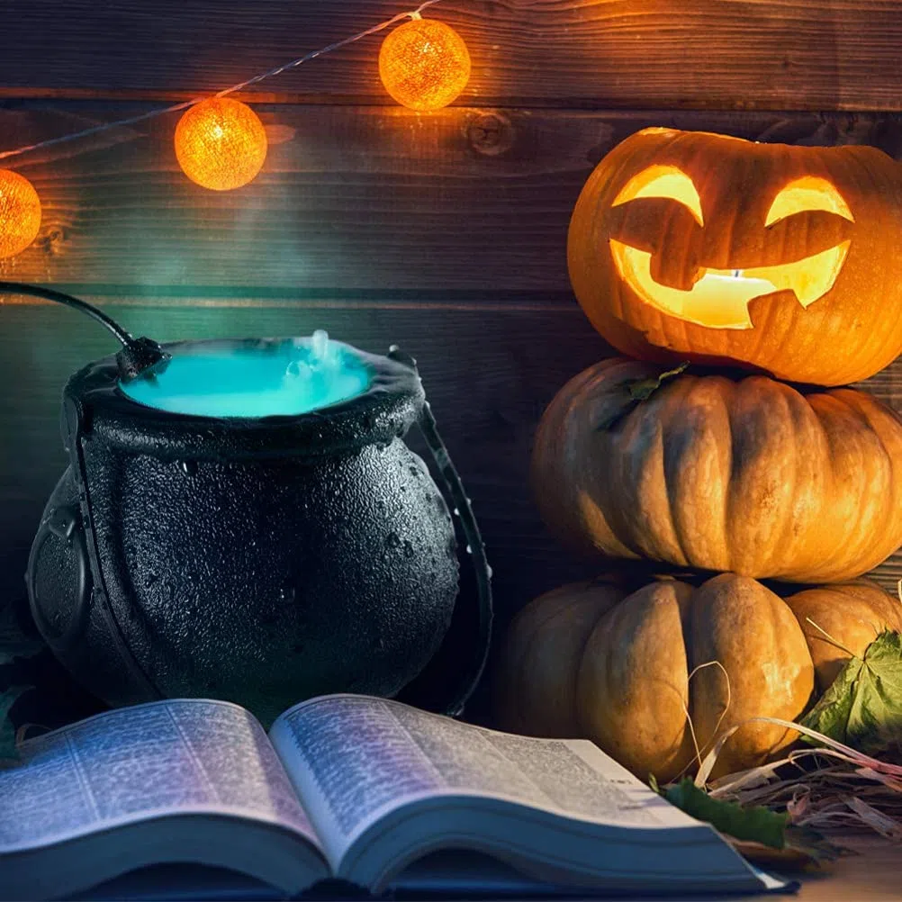 Halloween Mist Maker Fogger, Hexenkesselkessel mit Griff, 7 LED-Leuchten Nebelmaschine Zerstäuber Mini Mister Punch Bowl Kunststoffkesseltopf Party,