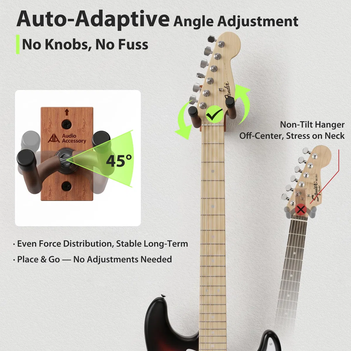 AA AUDIO ACCESSORY Gitarrenhalter für die Wand Nitro-sichere weich gepolsterte mit automatisch verstellbarem Winkel, U-förmige Holz Gitarren Wandhalterung für E-Gitarre Bass Mandoline Banjo Ukulele