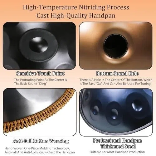 22 Zoll Handpan Trommel Professioneller Edelstahl，9/10/12 Noten D-Moll，440Hz Stimmung，Tasche Ständer & Schlägel，Performance Meditation Yoga(Black,12)
