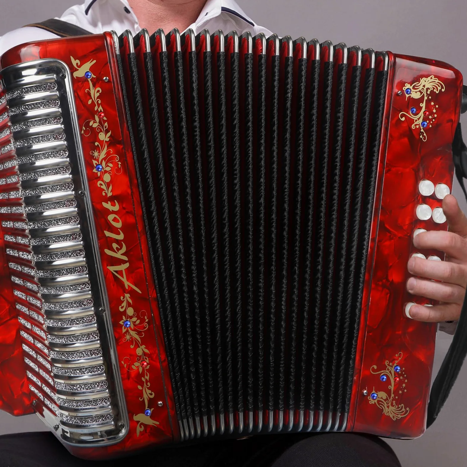 AKLOT Akkordeon: 31 Tasten 12 Bass F/B/E Akkordeon für Erwachsene, Diatonisches Instrument für Anfänger, mit Tragetasche und Gurt (eingebetteter Diamantimitat), Rot