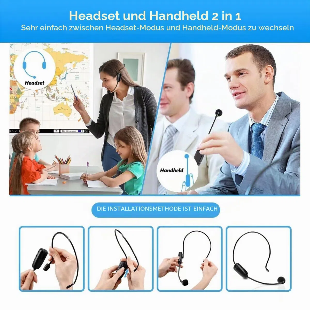 Kabelloses Mikrofonsystem für 2 Personen, HUACAM 2,4 G Dual Wireless Headset und Handheld 2-in-1, 48,8 m Reichweite für Sprachverstärker, Bühnenlautsprecher, Lehrer, Tourguides, Fitnesstrainer