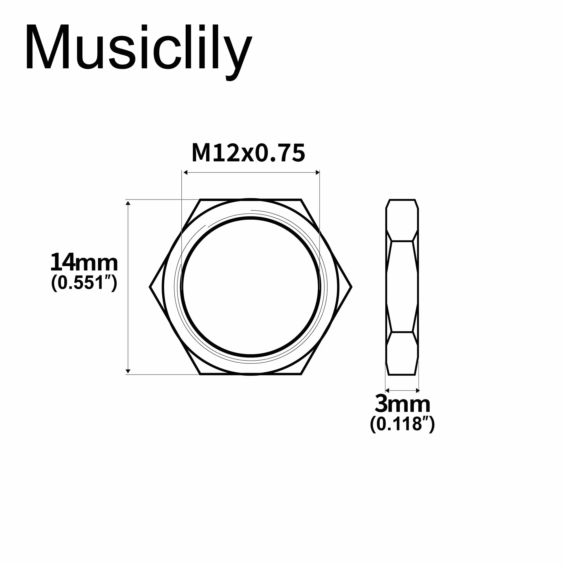 Musiclily Pro M12x0,75 Stahl Buchse Sechskant Mutter für Metrische E-Gitarre Bass Zylinder Klinkenbuchse, Nickel(10 Stück)