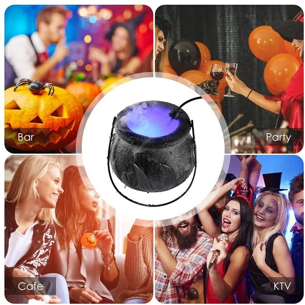 Halloween Mist Maker Fogger, Hexenkesselkessel mit Griff, 7 LED-Leuchten Nebelmaschine Zerstäuber Mini Mister Punch Bowl Kunststoffkesseltopf Party,