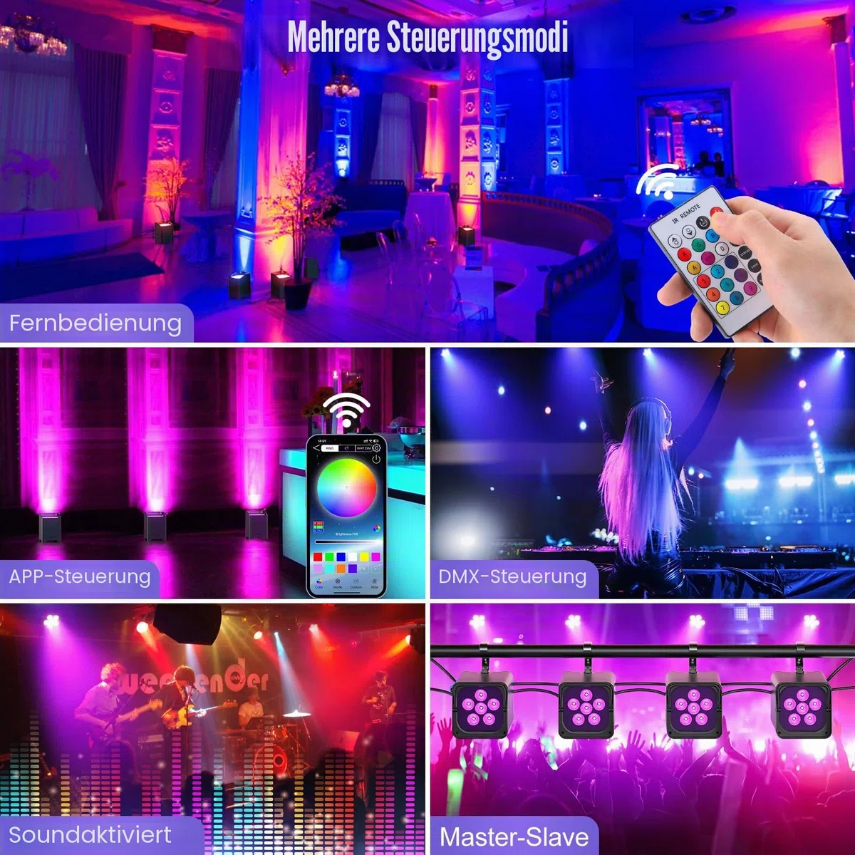 LED Par Akku, 4 Stück 108W 6 in 1 RGBWA+UV Bühnenlicht mit 9600mAh, Lichtpaket, APP Kontrolle, LED Strahler Akku mit DMX und Fernbedienung für Party, Bar, Halloween, Weihnachten