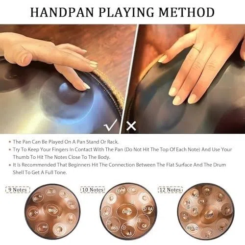22 Zoll Handpan Trommel Professioneller Edelstahl，9/10/12 Noten D-Moll，440Hz Stimmung，Tasche Ständer & Schlägel，Performance Meditation Yoga(Black,12)