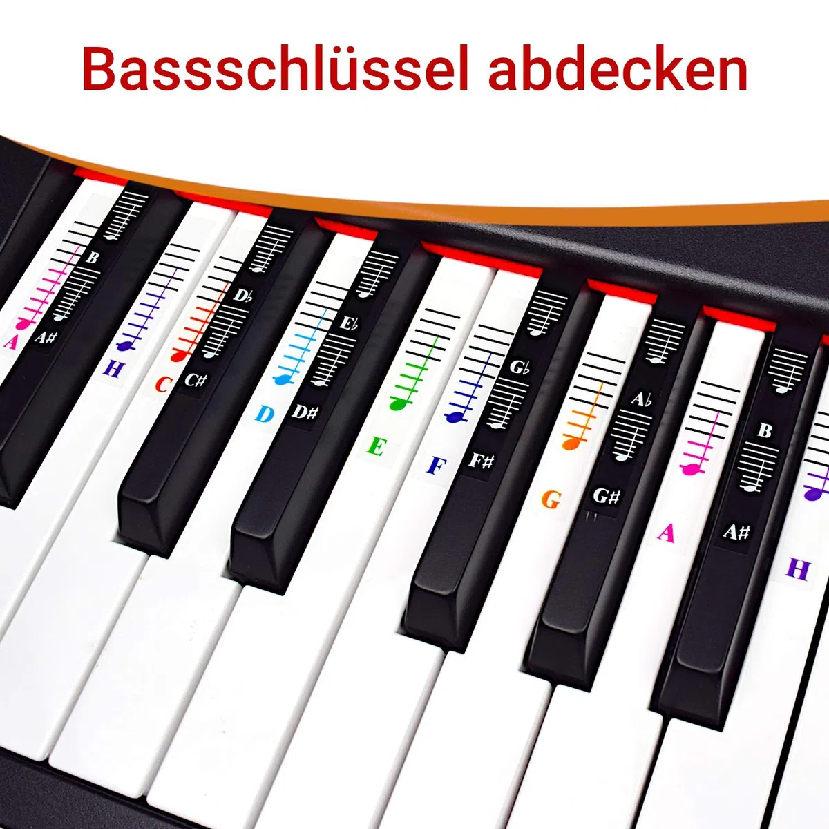 Klavier und Keyboard Musiknoten Ganzes Set Aufkleber für Weiße und Schwarze Tasten; Transparent und Entfernbar