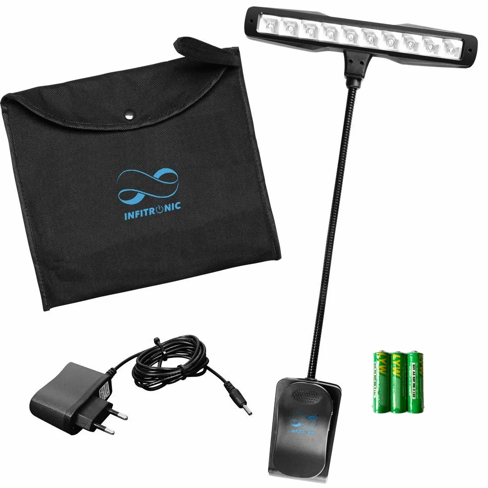 Infitronic LED Notenpultleuchte mit Clip – 10 LEDs, Tageslichtweiß 6500K, über 1000 Lux – 2 Helligkeitsstufen, Dual-Power (Batterie & Netzteil) – Inkl. EU-Netzteil & Tasche – Schwarz