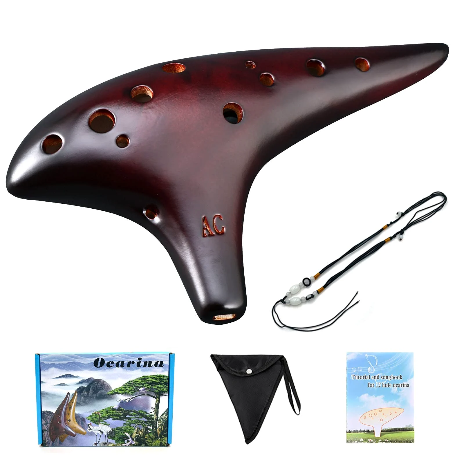 LIEKE Okarina 12 Löcher Alto C Stroh Rauchkeramik Ocarina, Musikinstrument,Geschenk für Kinder und Erwachsene, mit Songbook Nackengurt Tasche