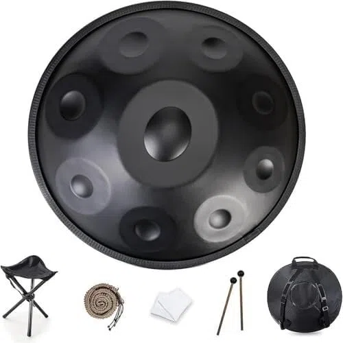 22 Zoll Handpan Trommel Professioneller Edelstahl，9/10/12 Noten D-Moll，440Hz Stimmung，Tasche Ständer & Schlägel，Performance Meditation Yoga(Black,12)