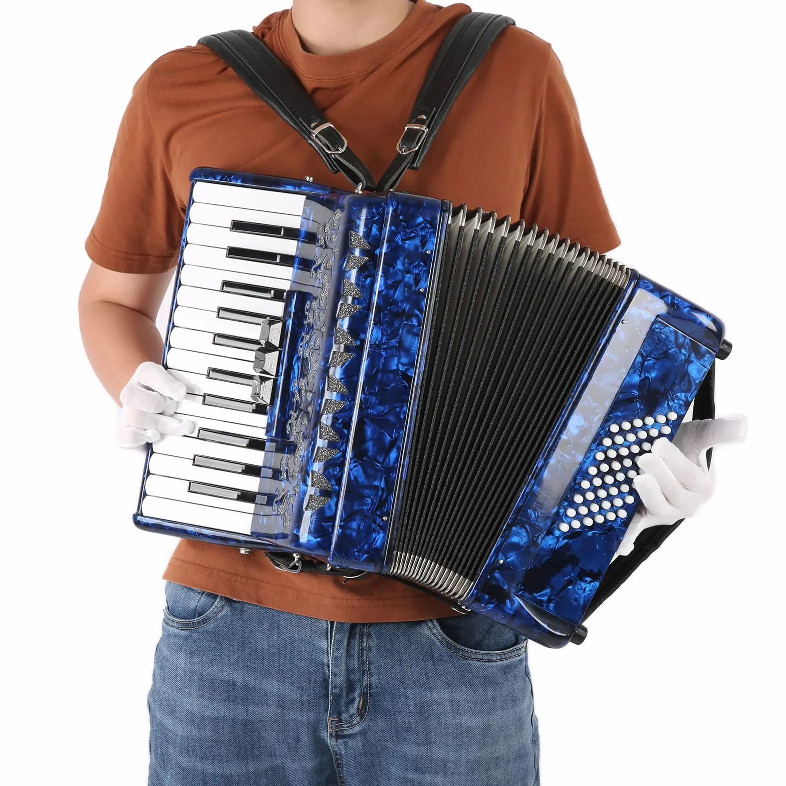 Akkordeon, 26 Tasten, 48 Bässe, Professionelles Zelluloid-Akkordeon mit Verstellbaren Riemen, Klaviertastatur-Akkordeon-Musikinstrument für Bühnenauftritte (Marineblau)