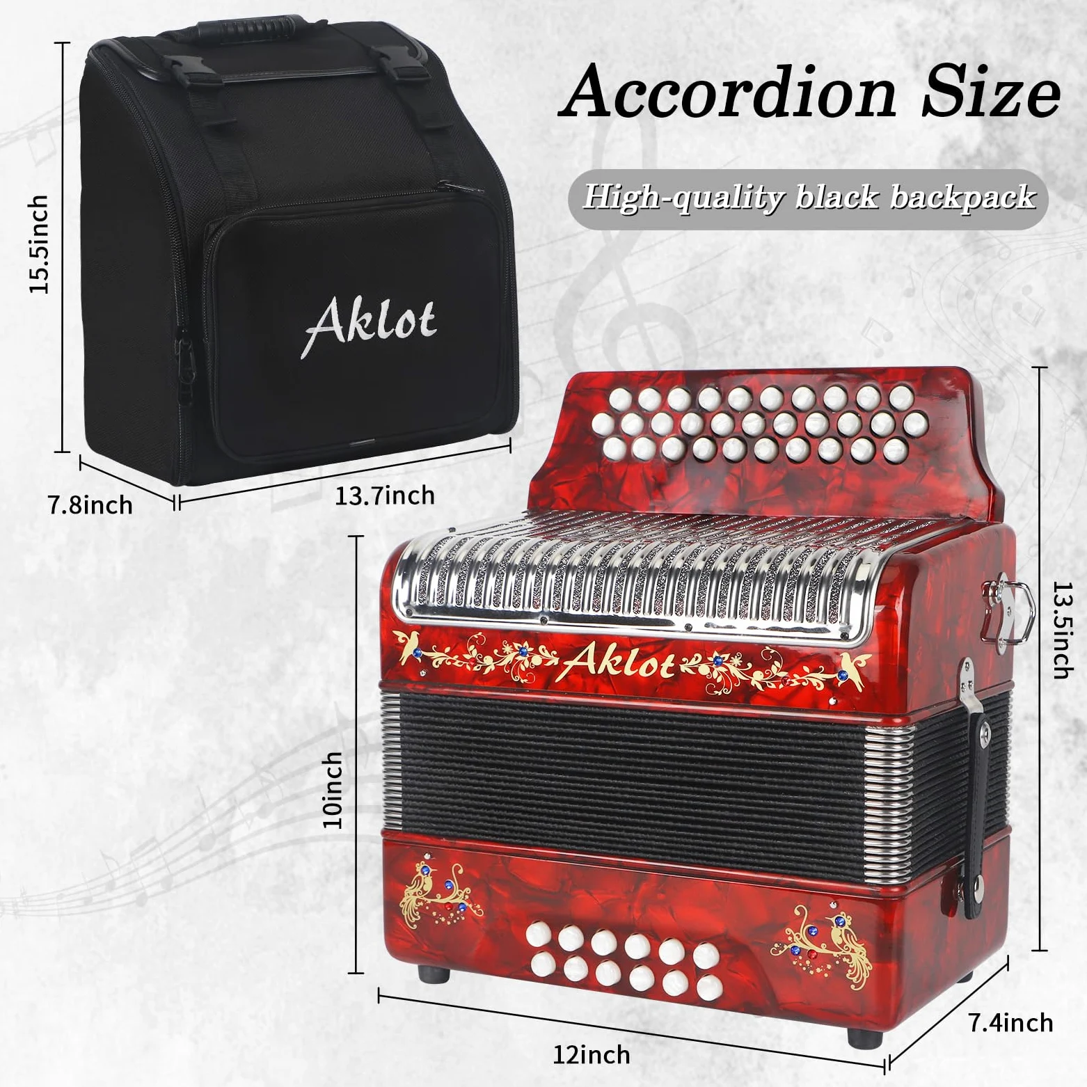 AKLOT Akkordeon: 31 Tasten 12 Bass F/B/E Akkordeon für Erwachsene, Diatonisches Instrument für Anfänger, mit Tragetasche und Gurt (eingebetteter Diamantimitat), Rot