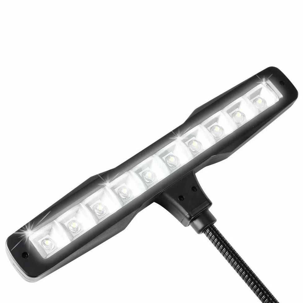 Infitronic LED Notenpultleuchte mit Clip – 10 LEDs, Tageslichtweiß 6500K, über 1000 Lux – 2 Helligkeitsstufen, Dual-Power (Batterie & Netzteil) – Inkl. EU-Netzteil & Tasche – Schwarz
