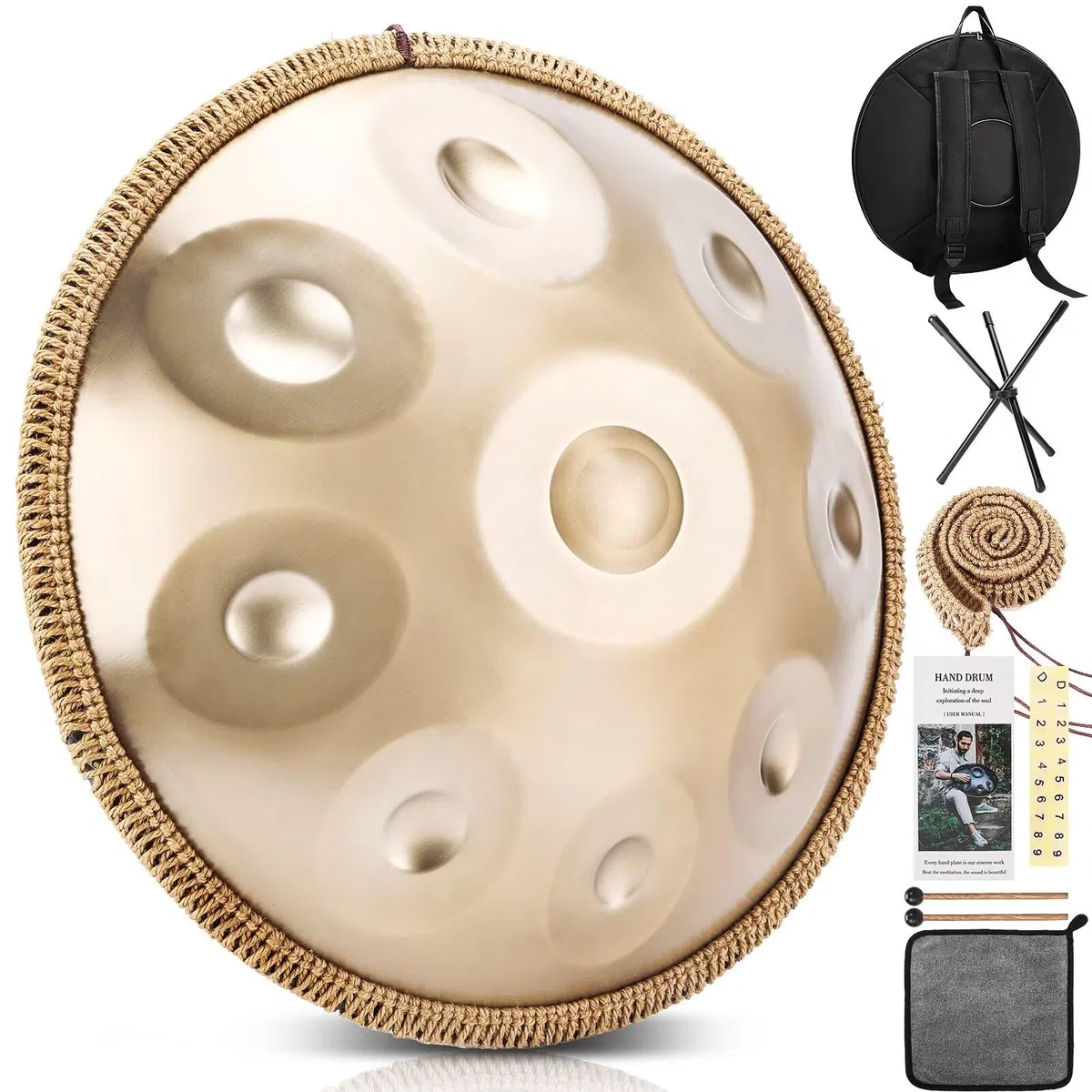 Handpan Drum in D Moll 440Hz 9 Töne 22 Zoll Stahl Pan, mit weicher Handpan Tasche, Handtrommelständer, Schlägeln, Harmonische Percussion, für Klangheilung, persönliche Meditation, Yoga