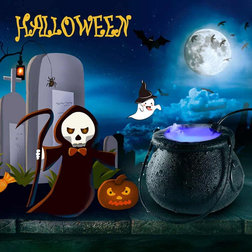 Halloween Mist Maker Fogger, Hexenkesselkessel mit Griff, 7 LED-Leuchten Nebelmaschine Zerstäuber Mini Mister Punch Bowl Kunststoffkesseltopf Party,