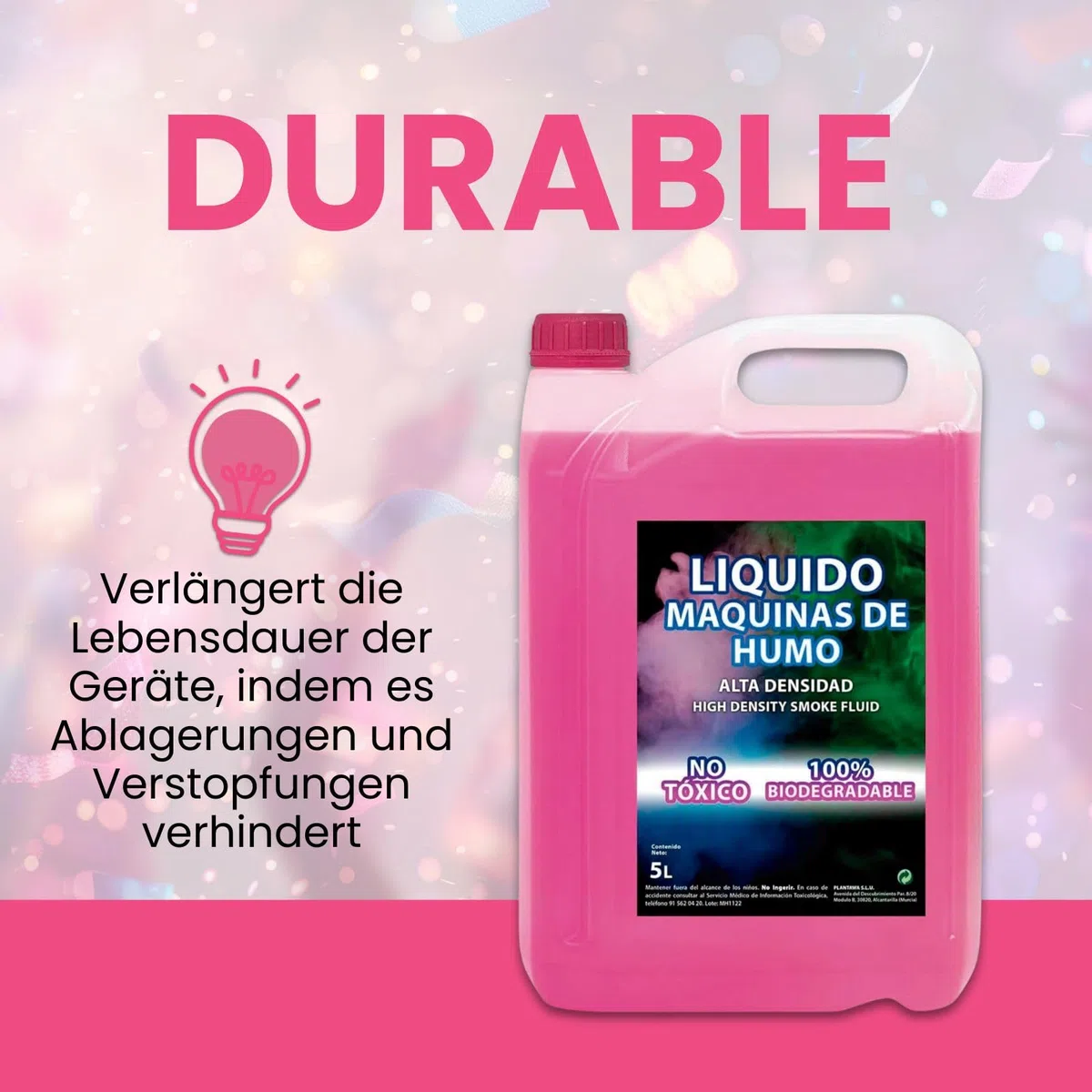 PLANTAWA - Hohe Dichte Nebelmaschine Flüssigkeit 5 Liter | Nebelfluid für Partys | 100% natürlich, Nicht reizend für die Atemwege, sehr Langer Standzeit