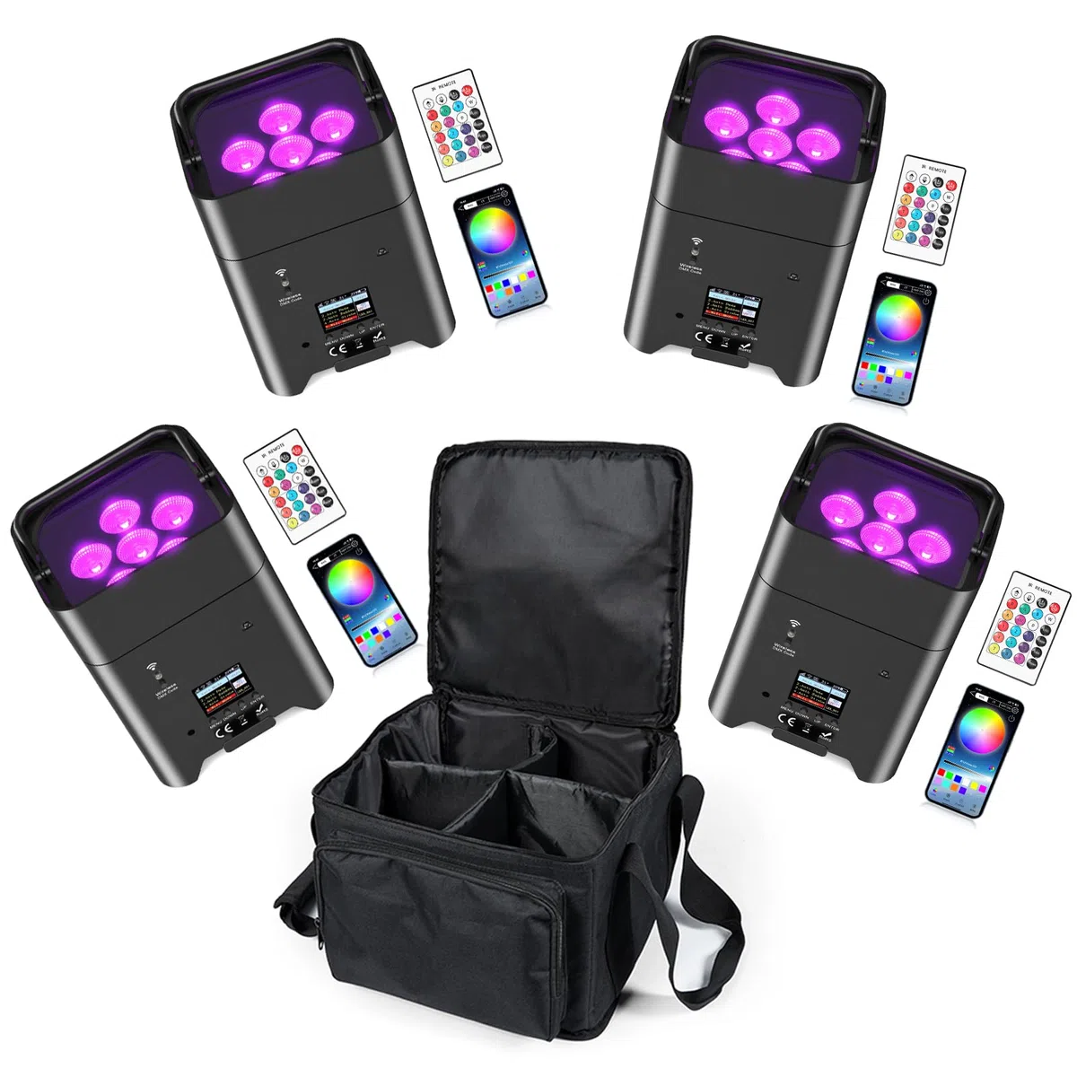 LED Par Akku, 4 Stück 108W 6 in 1 RGBWA+UV Bühnenlicht mit 9600mAh, Lichtpaket, APP Kontrolle, LED Strahler Akku mit DMX und Fernbedienung für Party, Bar, Halloween, Weihnachten