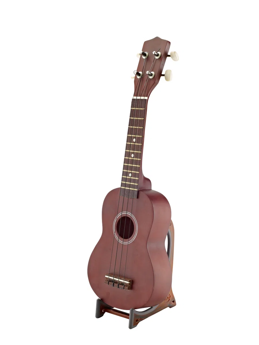 K&M 15550 Displayständer für Violine, Ukulele, Bratsche - Holz-Optik - Dreifachverstrebung - Haltebügel mit Gummimantel