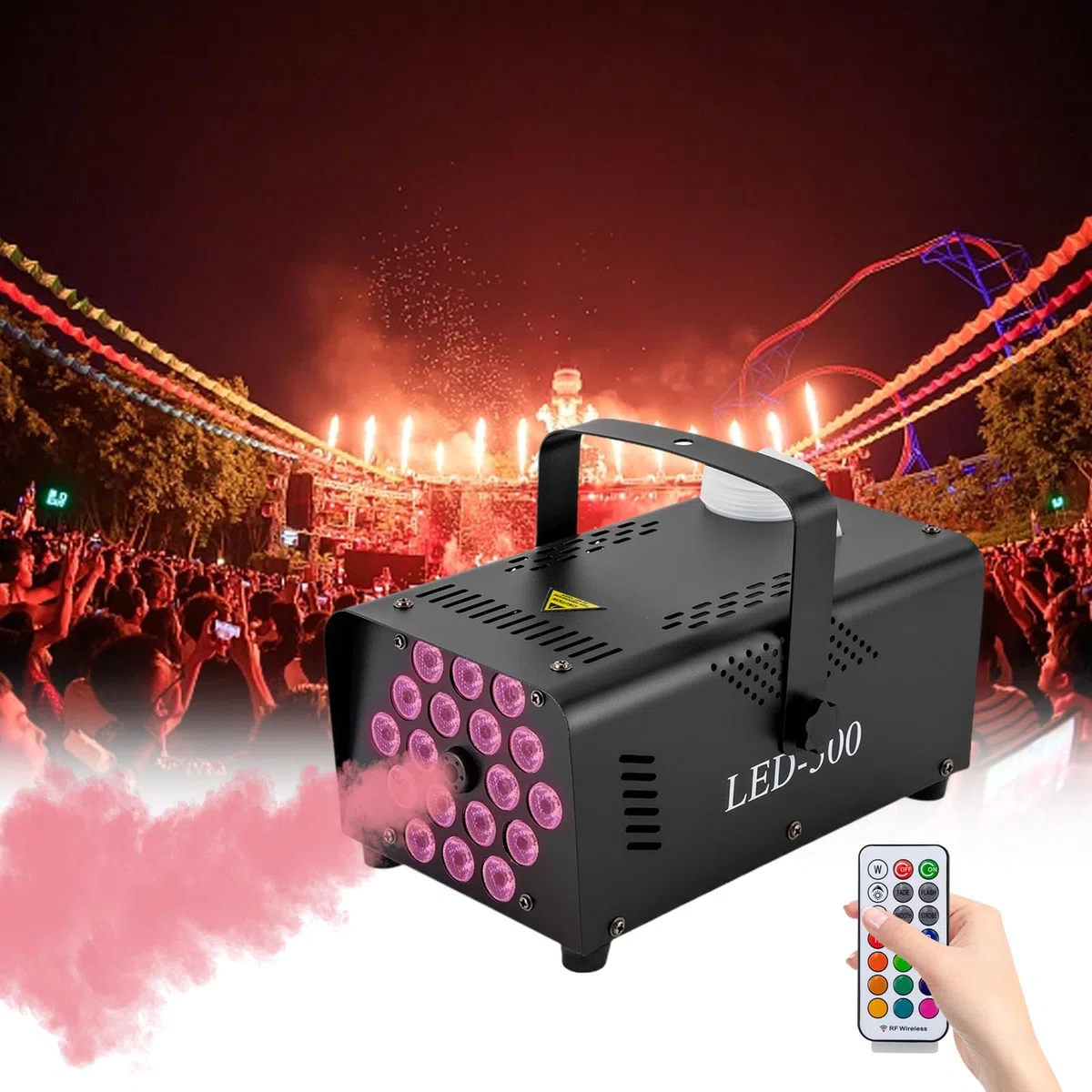 Nebelmaschine Mini Disco Rauchmaschinen mit 18 LED RGB Party Lichtern, 500W und 2500CFM mit 2 Funkfernbedienungen für DJ Bar Weihnachten Halloween Show Club Karaoke Zubehör