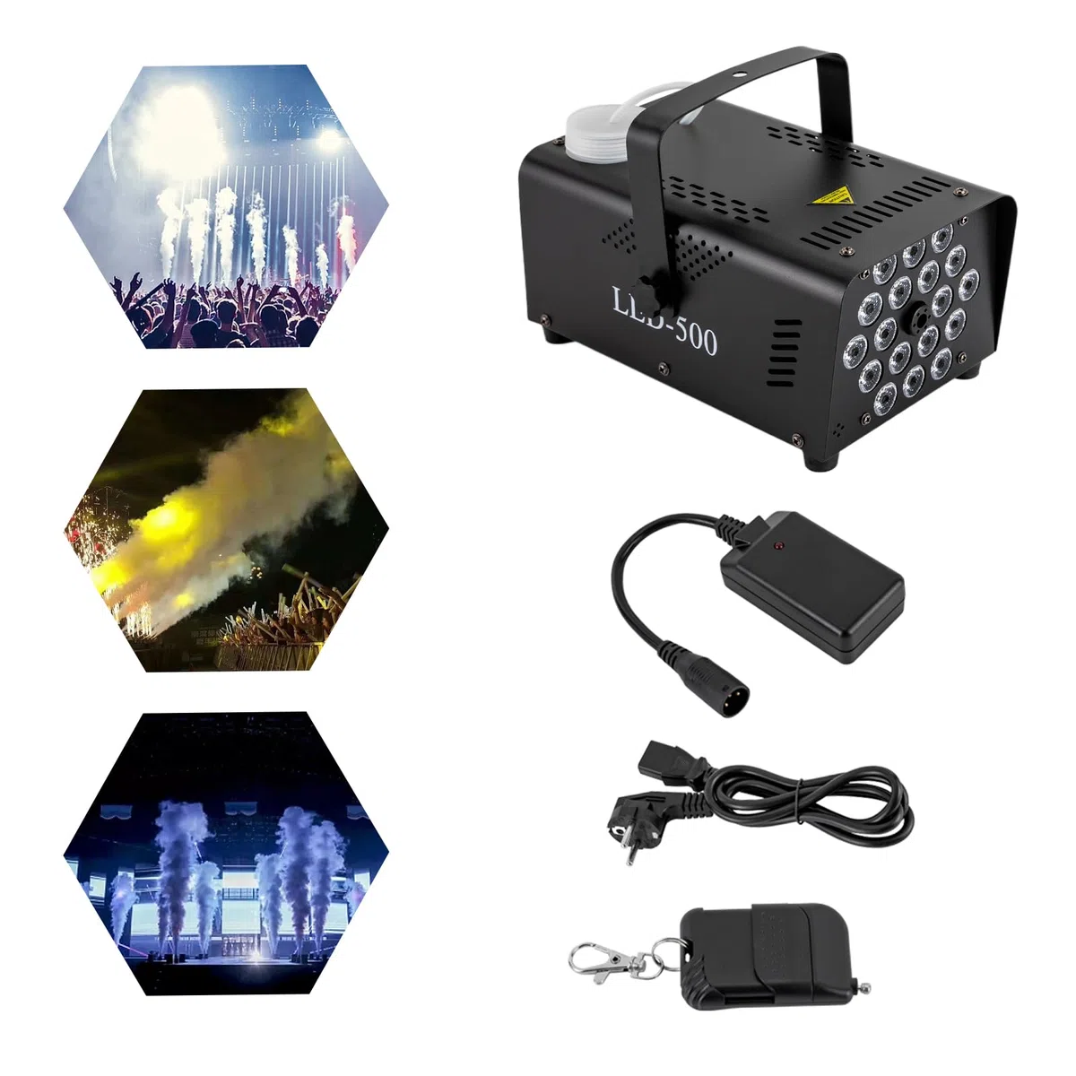 Nebelmaschine Mini Disco Rauchmaschinen mit 18 LED RGB Party Lichtern, 500W und 2500CFM mit 2 Funkfernbedienungen für DJ Bar Weihnachten Halloween Show Club Karaoke Zubehör
