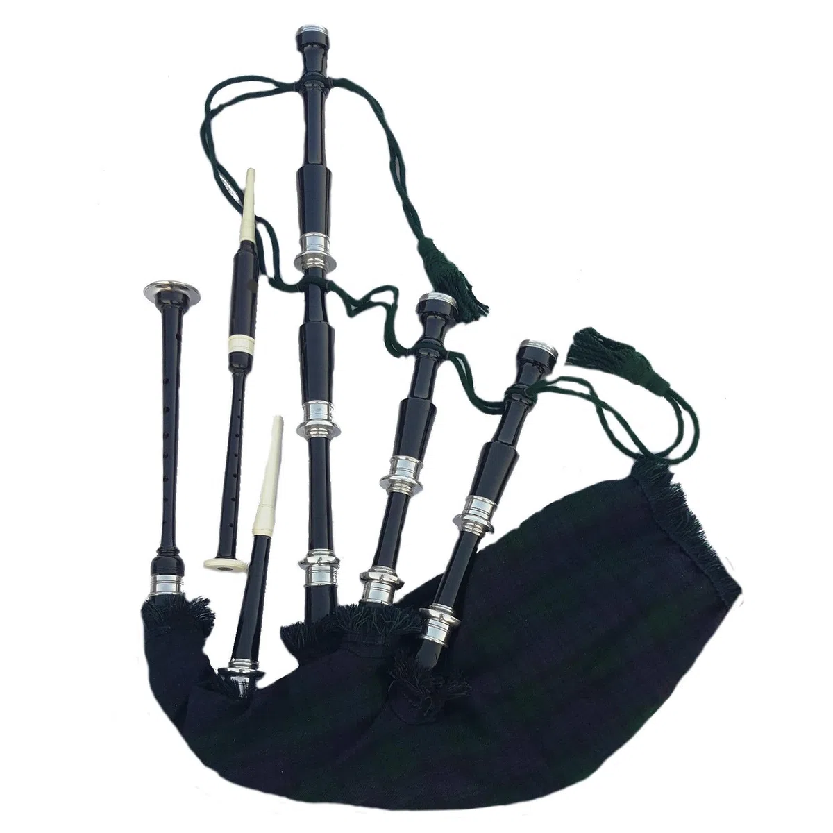 Komplettes Set aus Palisander-Dudelsack mit schwarzem Finish – schottischer Dudelsack mit schwarzem Tartan-Bezug und kostenlosem Zubehör