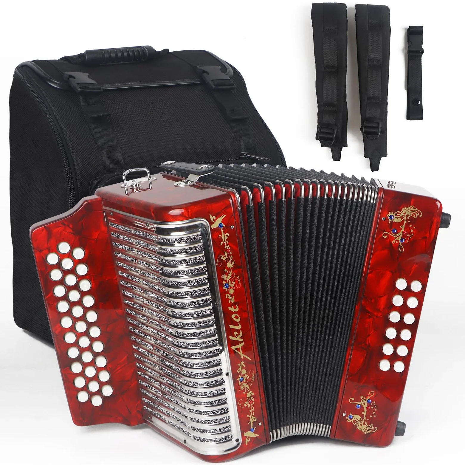 AKLOT Akkordeon: 31 Tasten 12 Bass F/B/E Akkordeon für Erwachsene, Diatonisches Instrument für Anfänger, mit Tragetasche und Gurt (eingebetteter Diamantimitat), Rot