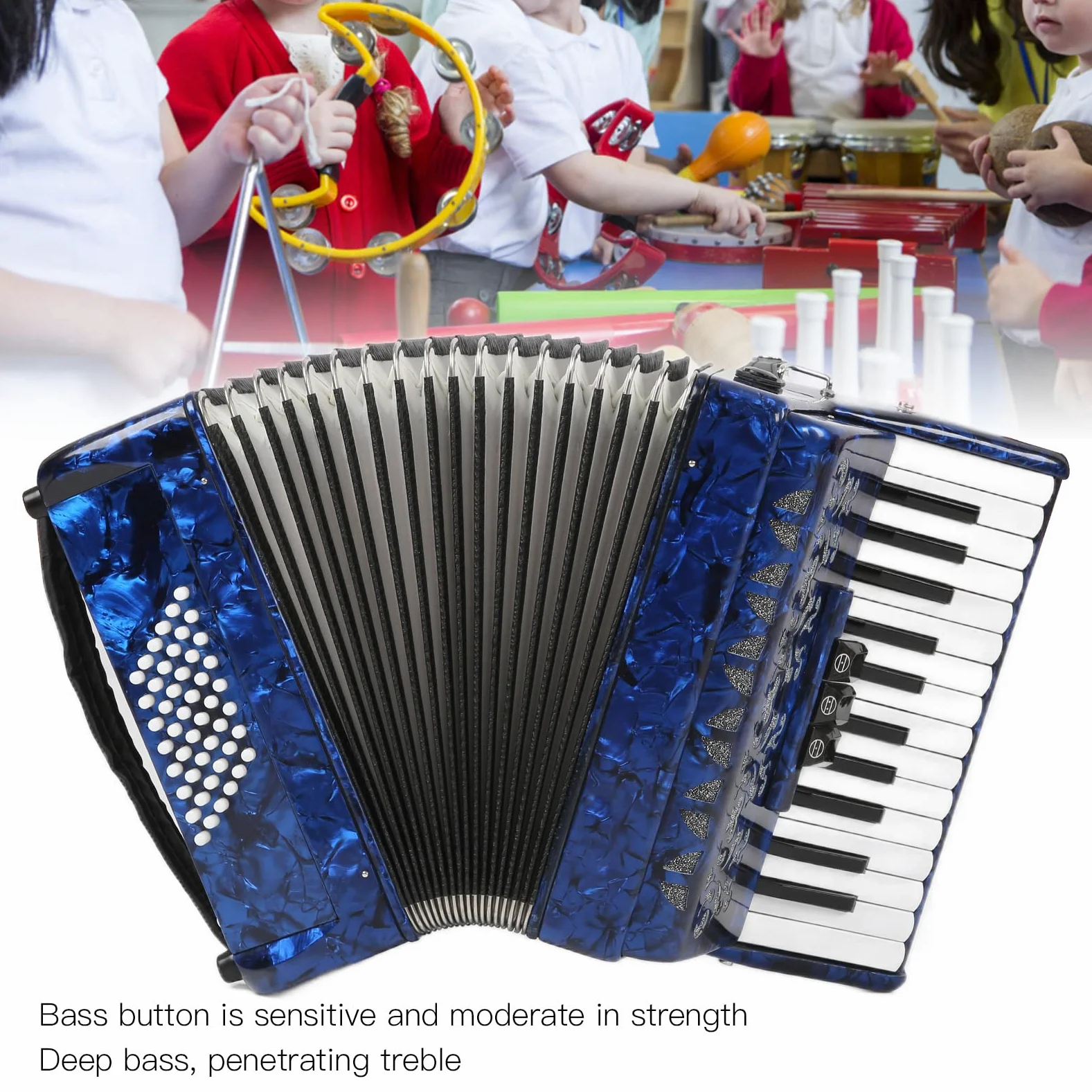 Akkordeon, 26 Tasten, 48 Bässe, Professionelles Zelluloid-Akkordeon mit Verstellbaren Riemen, Klaviertastatur-Akkordeon-Musikinstrument für Bühnenauftritte (Marineblau)